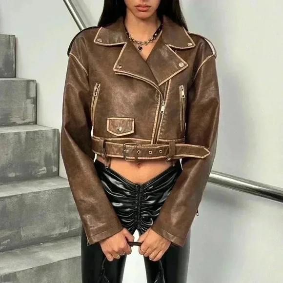 Brown Casual Women's Washed Fabric Moto Jacket - Picture 4 of 7